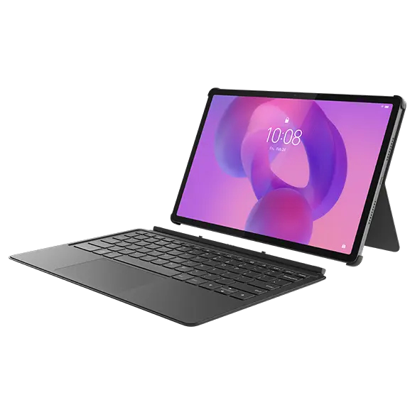 Una tableta negra con teclado y soporte conectados muestra un fondo morado.