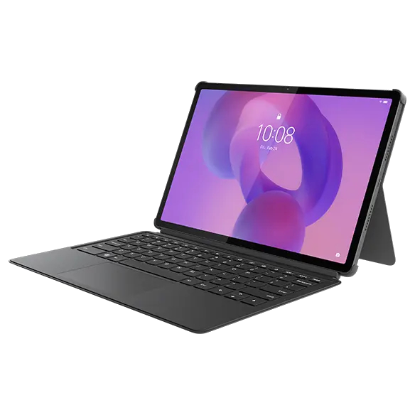 Una tableta negra con fondo morado y teclado acoplado sobre superficie oscura.