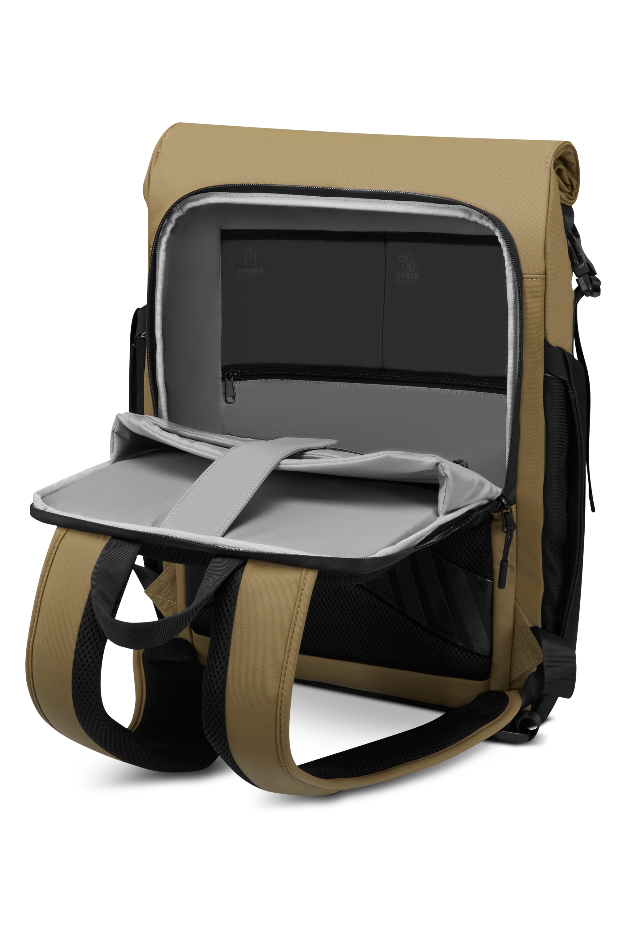 Una mochila abierta de color tostado con un panel trasero negro y compartimento para portátil.