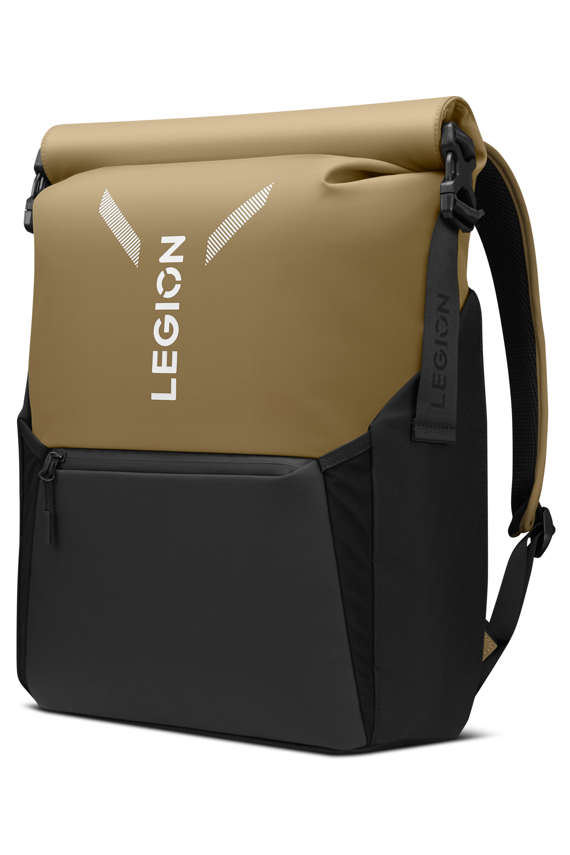 Una mochila enrollable Lenovo Legion en color beige y negro sobre fondo negro.