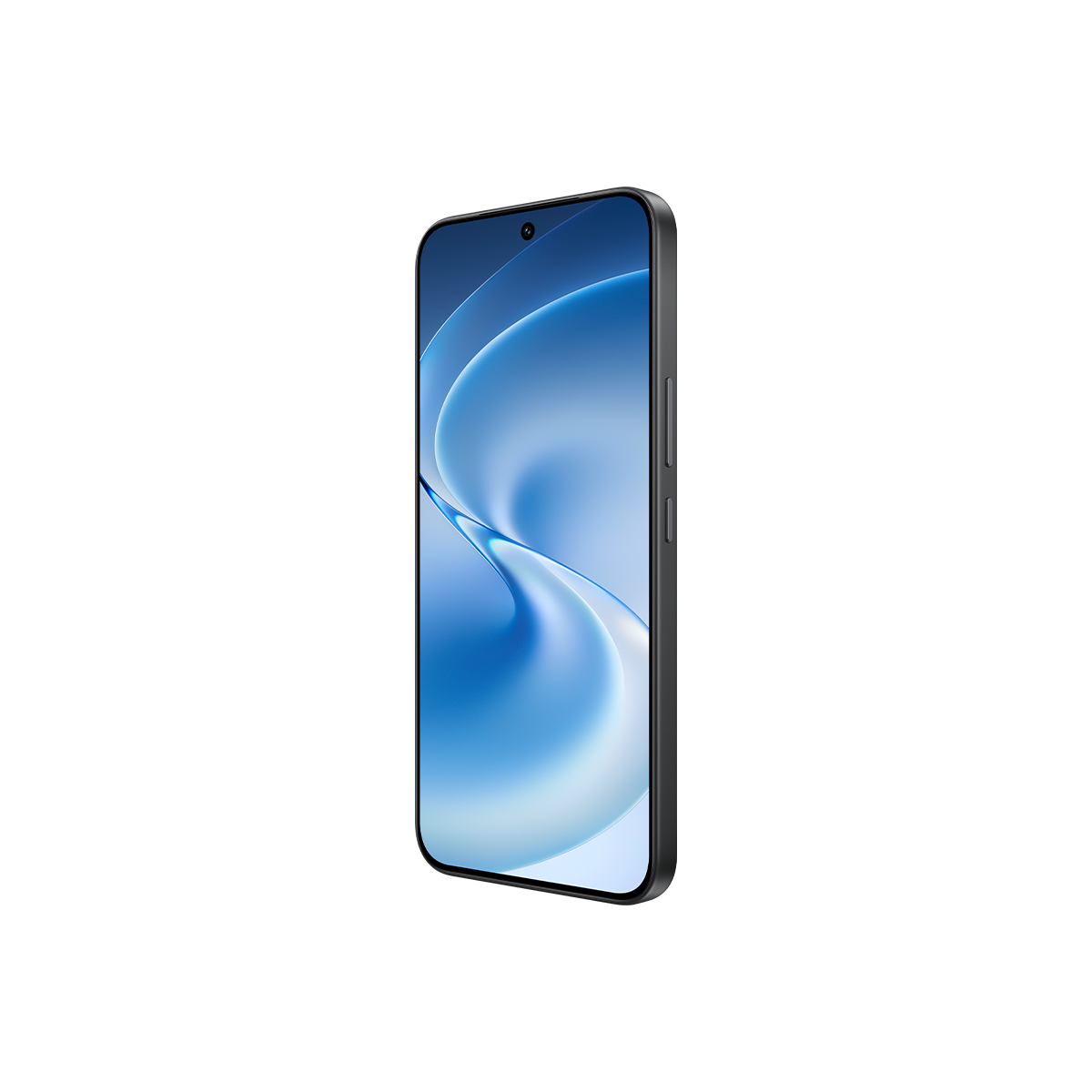 Beyaz arka plan üzerinde mavi kavisli ekran tasarımına sahip siyah akıllı telefon.