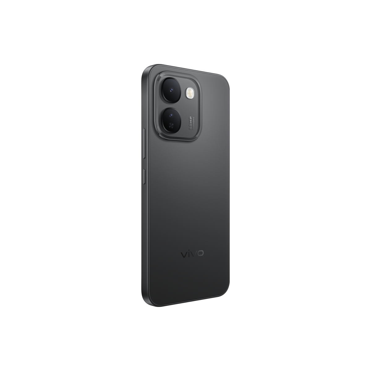 Beyaz arka planda kare modülde dikey iki kameraya sahip gri renkli vivo akıllı telefonun arkası.