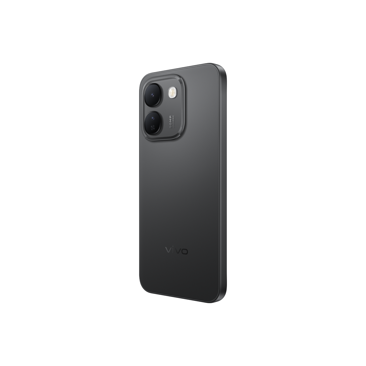 Beyaz arka planda çift kamera modülü ve vivo logosuna sahip koyu renkli bir vivo akıllı telefonun arkası.