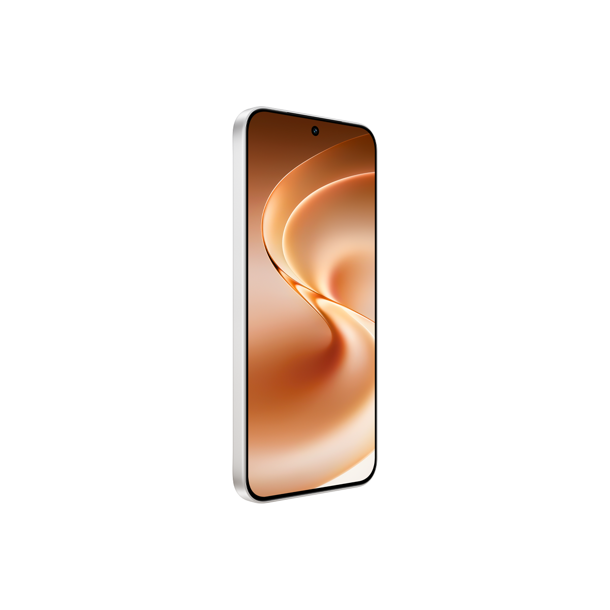 Perspektifte beyaz bir akıllı telefon, beyaz arka planda ekranında soyut bir kahverengi dalga deseni gösteriyor.