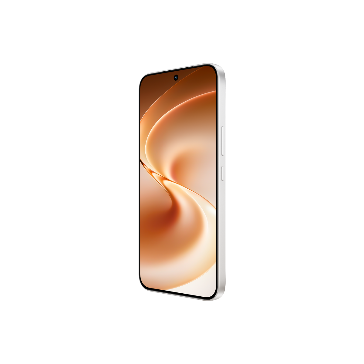 Hafif açıyla duran beyaz akıllı telefon, akışkan altın ve kahverengi ekran arka planı gösteriyor.