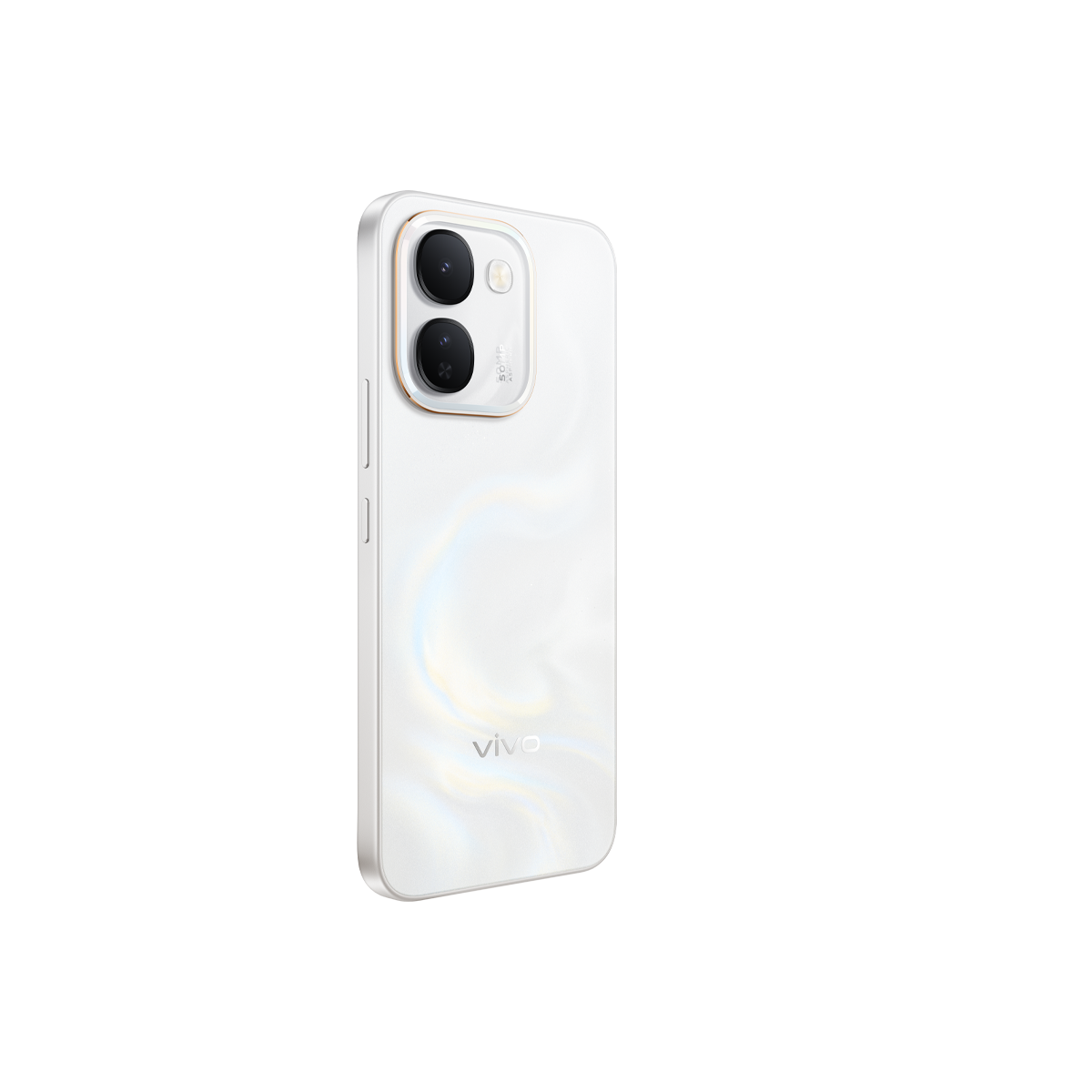 Beyaz yüzey üzerinde dikey çift kameraya ve Vivo logosuna sahip beyaz bir Vivo akıllı telefonun arka görünümü.