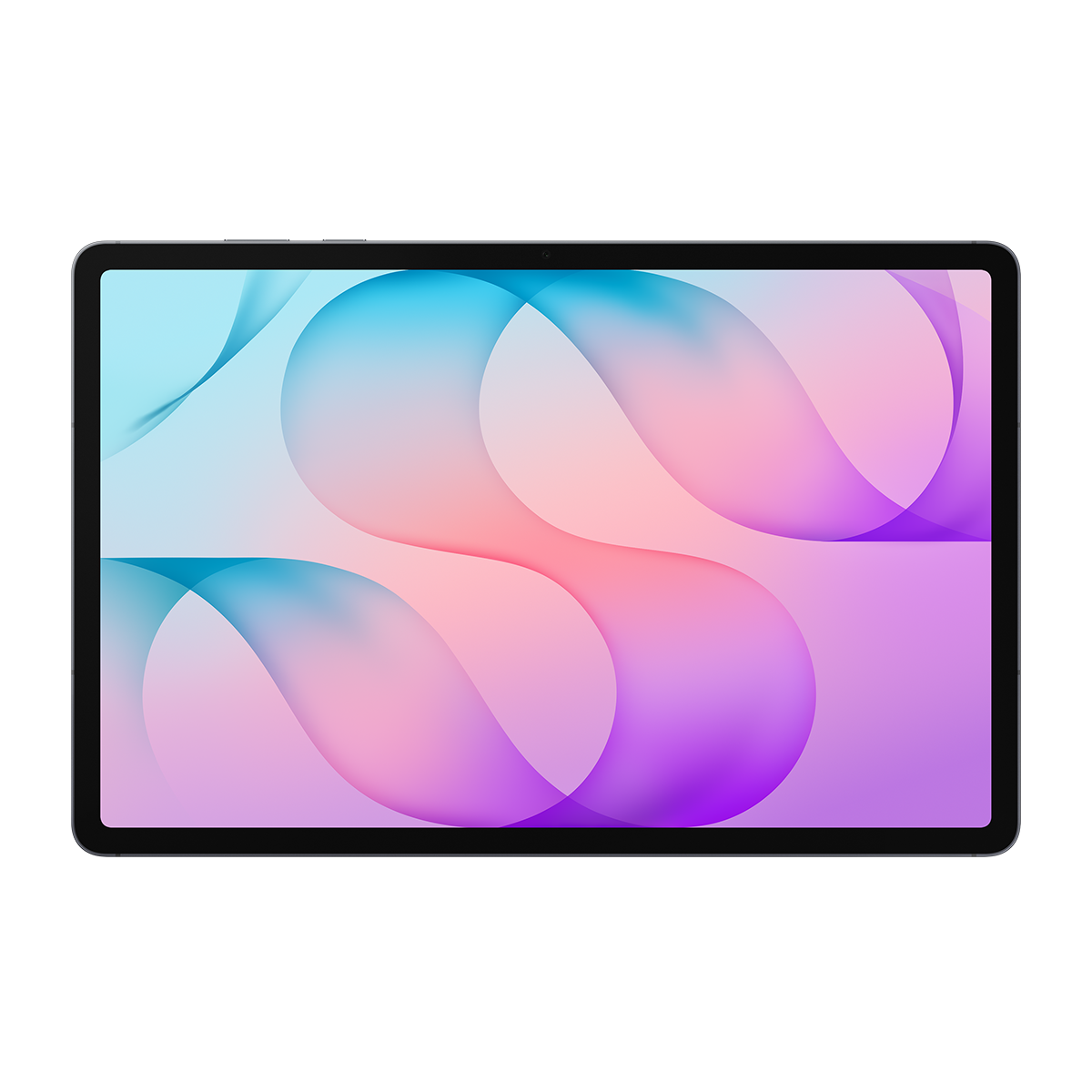 Siyah bir tablet, soyut pembe ve mavi dalgalara sahip renkli bir ekran gösteriyor.