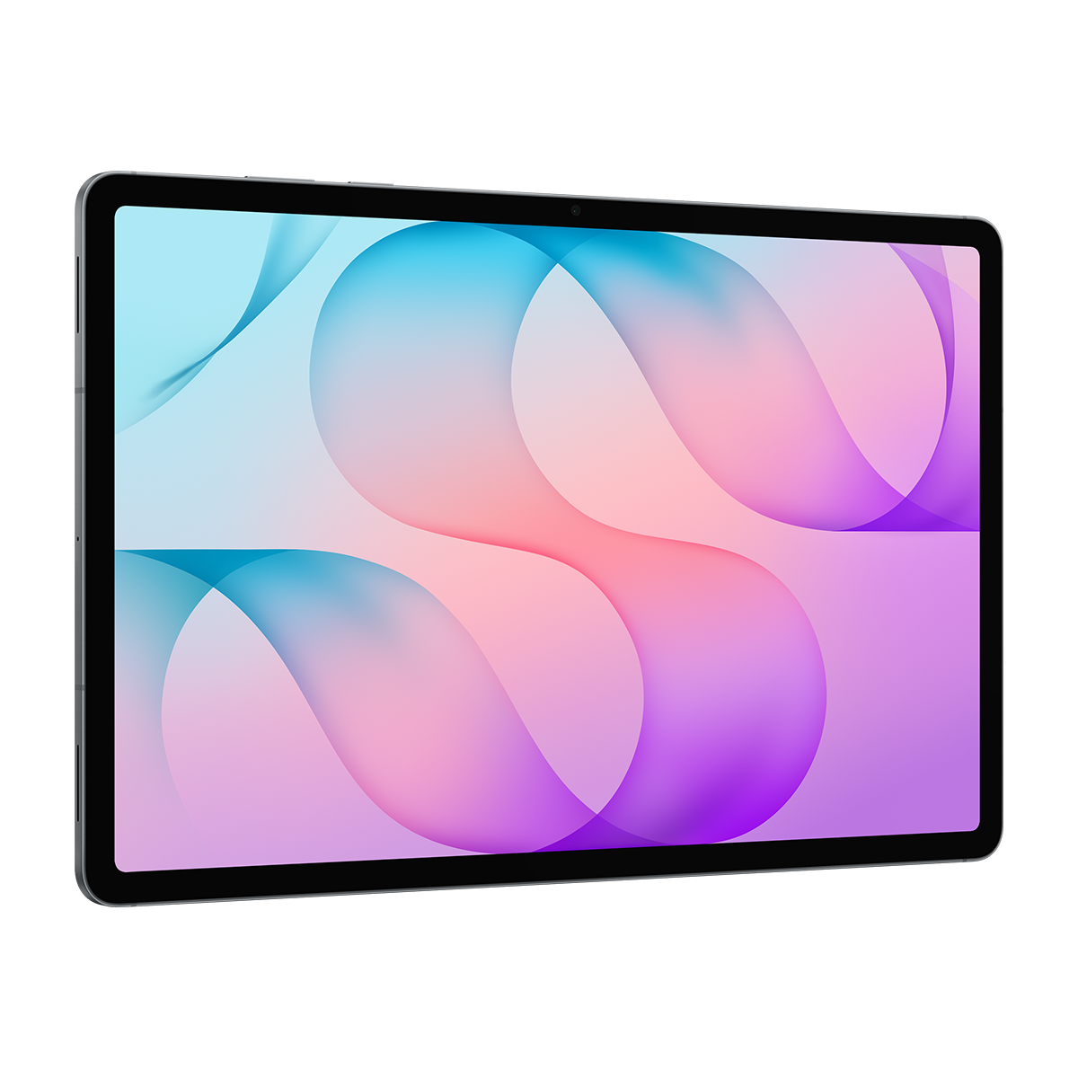 Modern bir tablet, ekranında renkli, kavisli soyut bir arka plan gösteriyor.