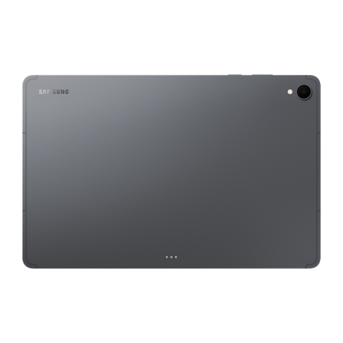 Sağ üst köşesinde kamera ve Samsung logosu bulunan gri renkli Samsung tabletin arka yüzü.