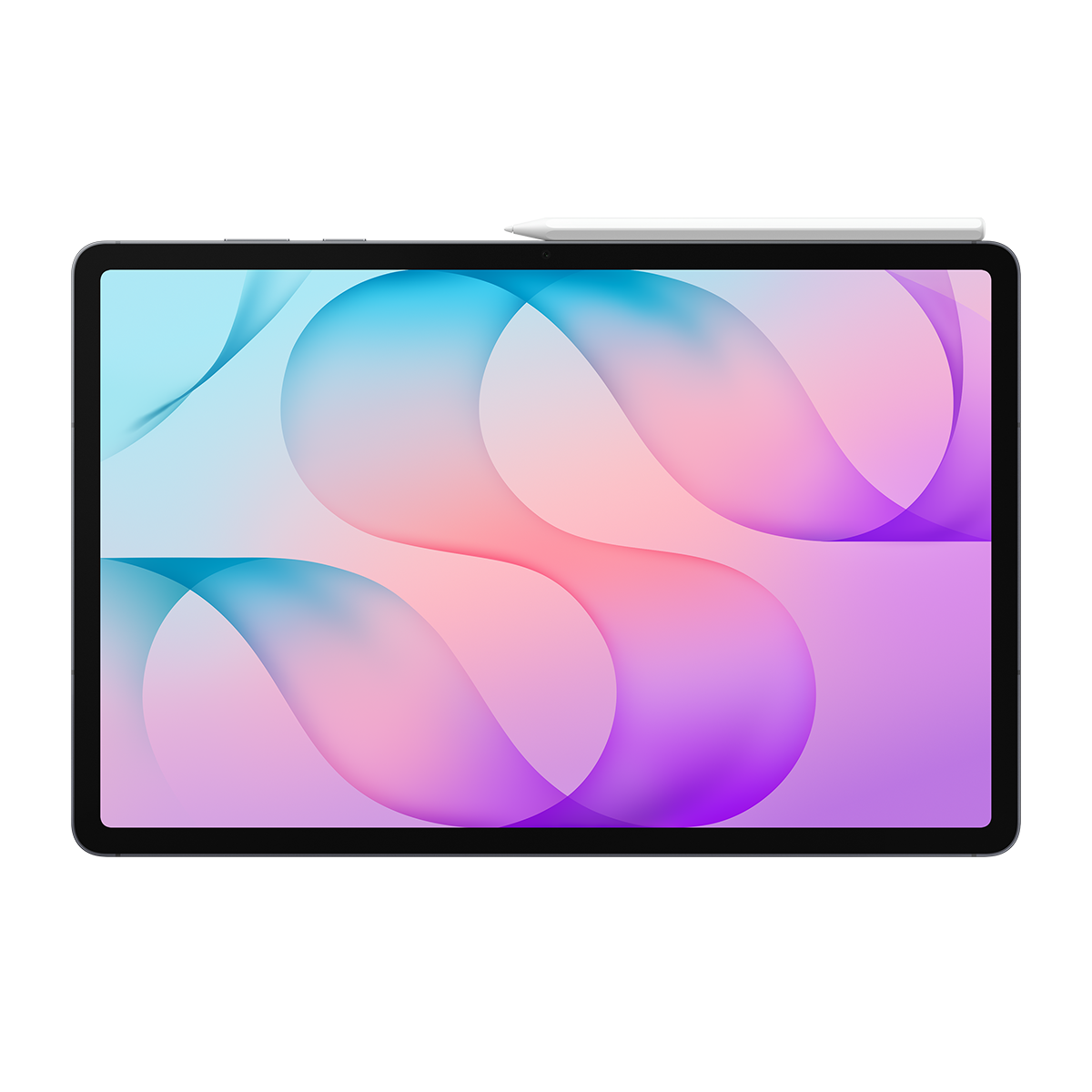 Mavi ve pembe arka plana sahip bir tablet ve üstünde beyaz bir kalem.