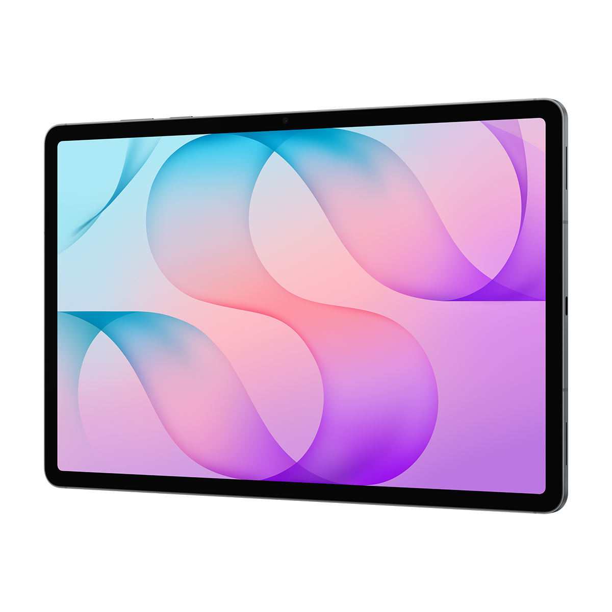 Koyu çerçeveli bir tablet, mavi, pembe ve mor dalgalı şekillerden oluşan renkli, soyut bir arka plan gösterir.