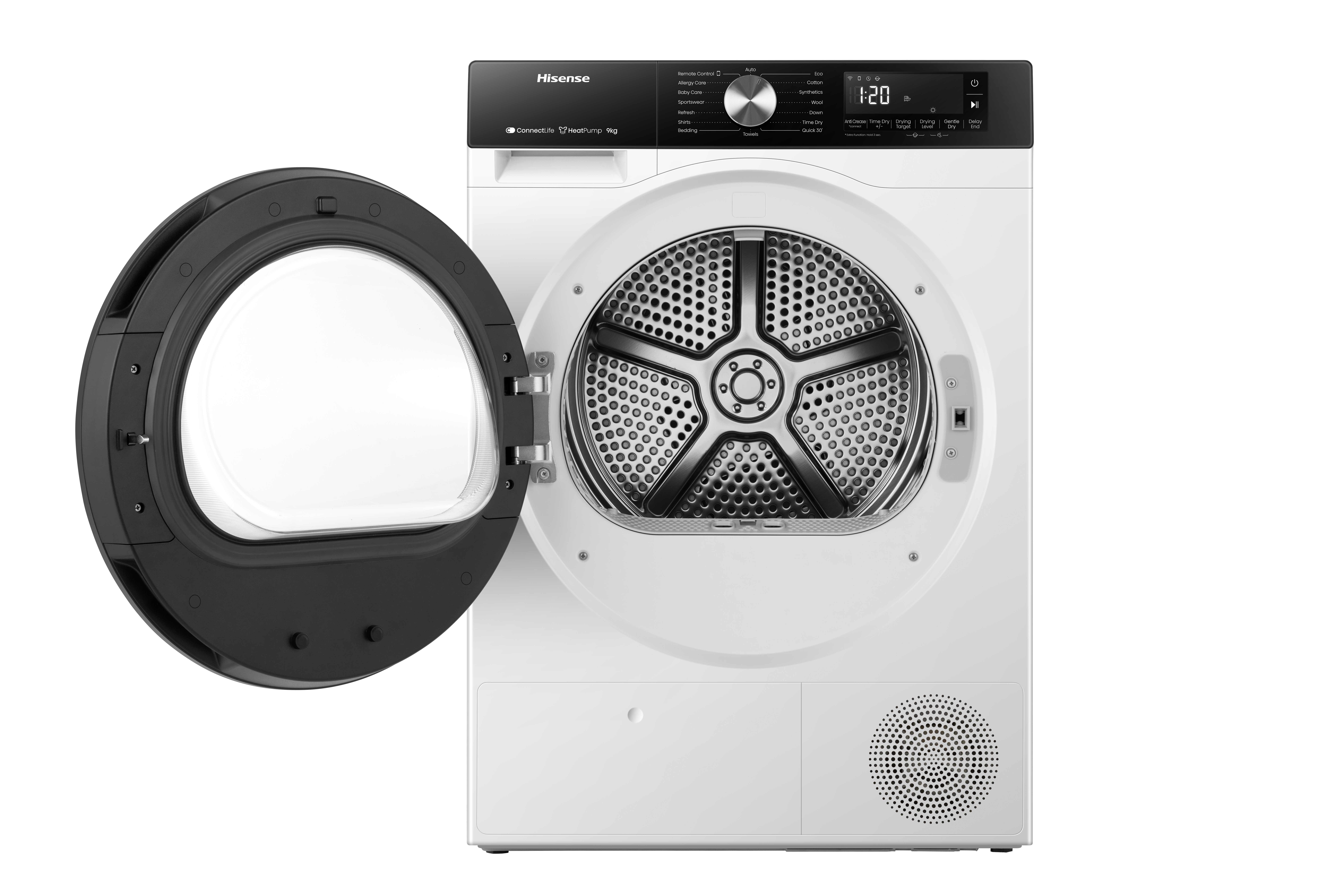 Weißer Hisense Trockner mit offener schwarzer Tür und Edelstahltrommel vor neutralem Hintergrund.