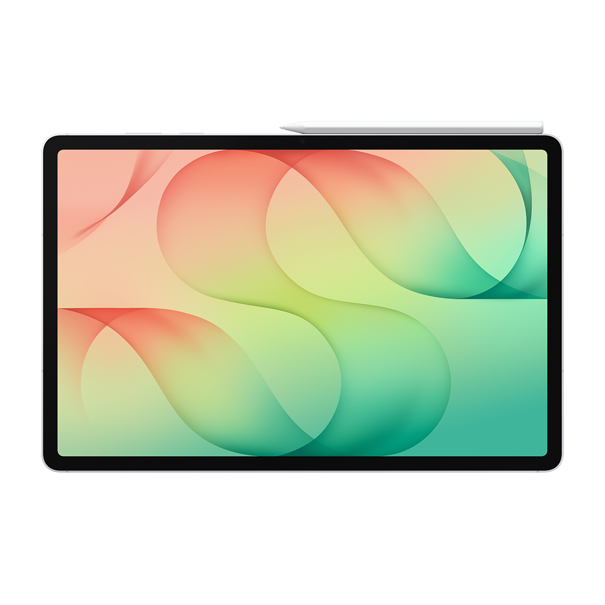 Ekranında pastel dalgalar olan gümüş renkli bir tablet ve üstünde beyaz arkaplanda bir kalem.