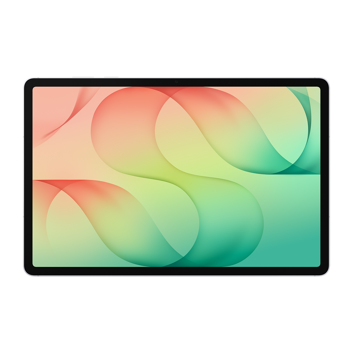 Bir tablet, ekranında akışkan kırmızı, sarı ve yeşil dalgalara sahip renkli, soyut bir desen görüntüler.