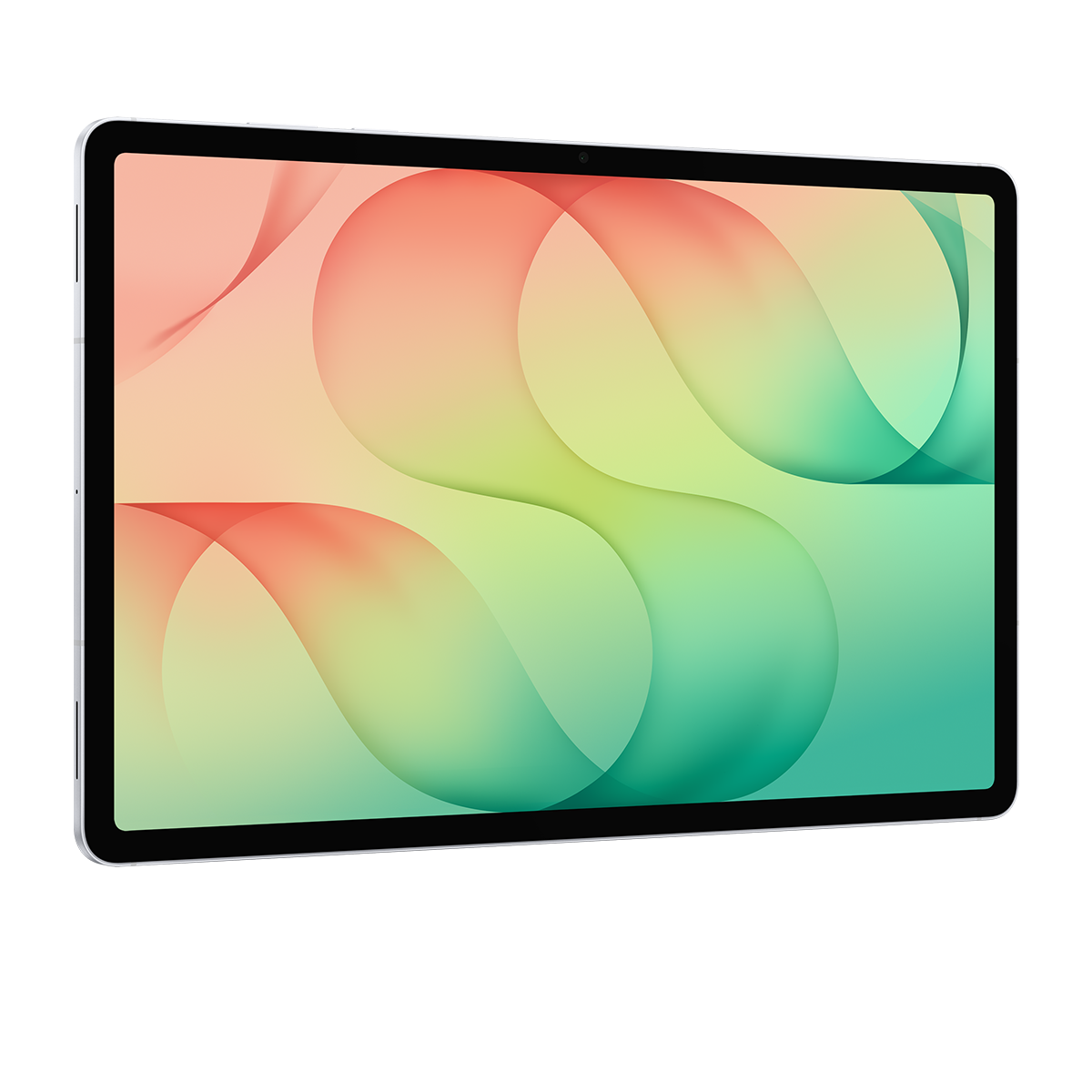 Yumuşak kırmızı, sarı ve yeşil tonlarında renkli, soyut bir arkaplana sahip gümüş renkli tablet.