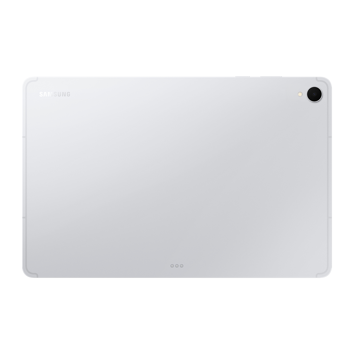 Tek kameralı ve klavye pinli gümüş renkli Samsung tabletin arkası.
