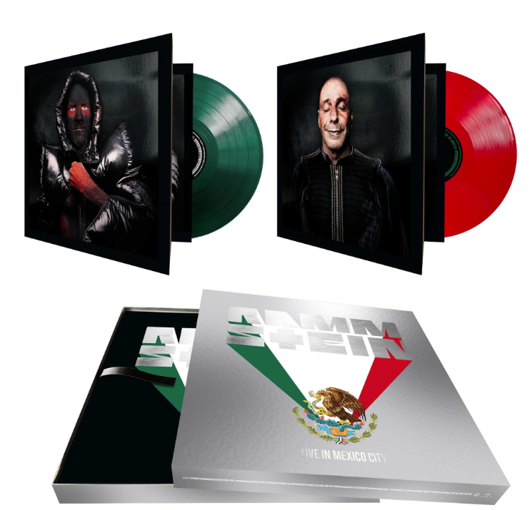 Rammstein Live in Mexico City Vinylset mit grünen und roten Schallplatten sowie Albumcovern.