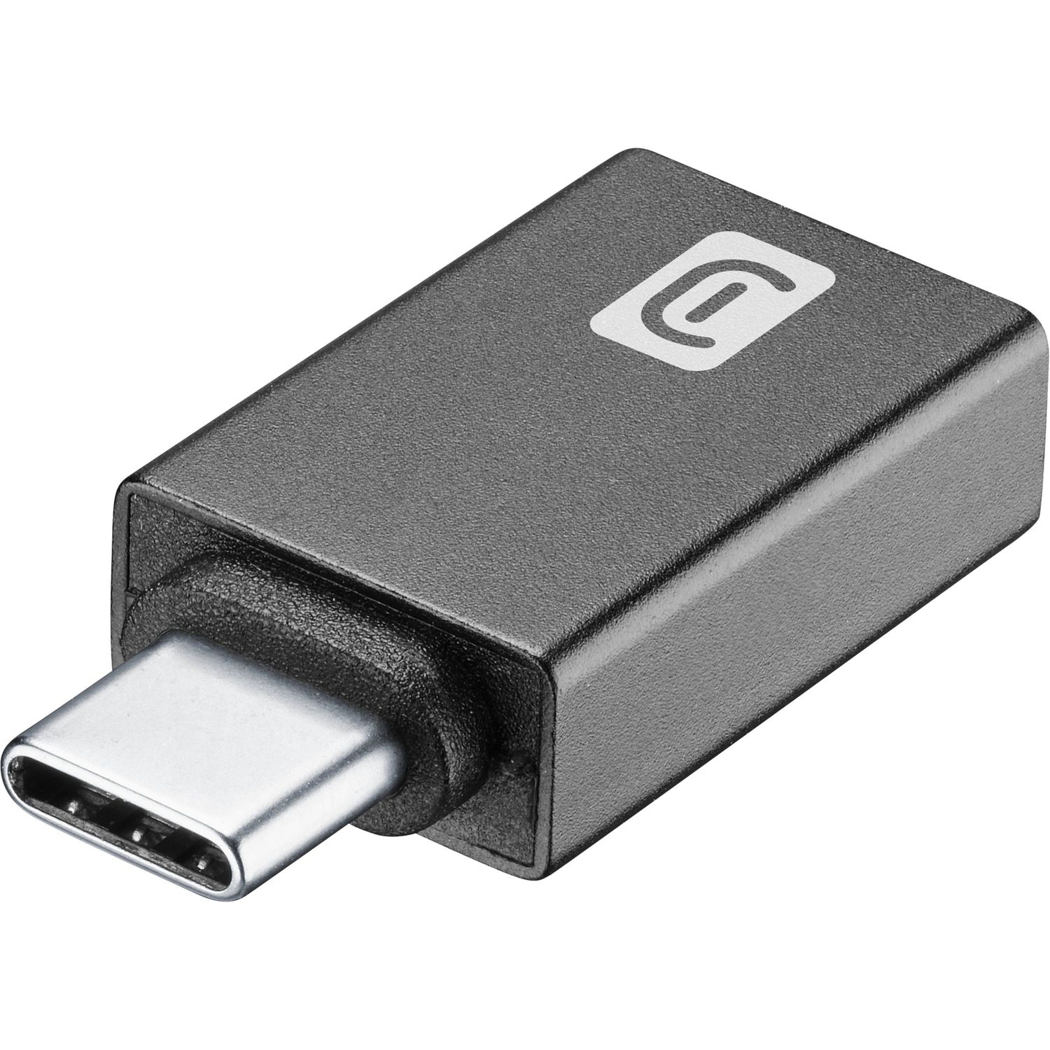 Adaptador USB-C negro con un conector plateado y un logotipo blanco en la parte superior.
