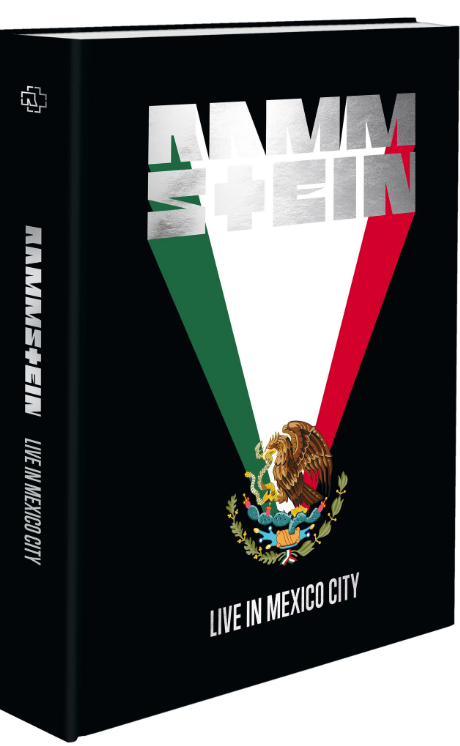 Schwarzes Rammstein Live in Mexico City Buch mit mexikanischem Flaggendesign und Adleremblem.