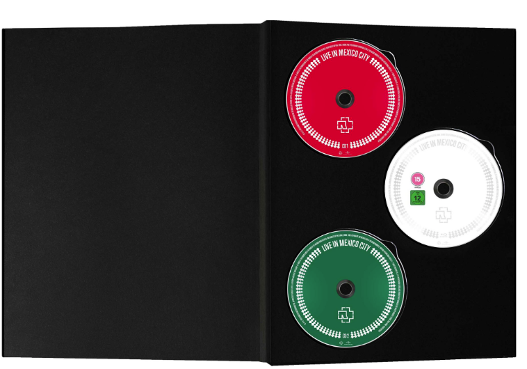 Offenes schwarzes Digipak mit drei Discs in Rot, Grün und Weiß für 'Live in Mexico City'.