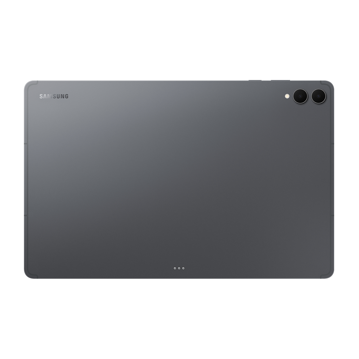 Sağ üst köşesinde çift kamera ve flaş bulunan gri renkli bir Samsung tabletin arka görünümü.