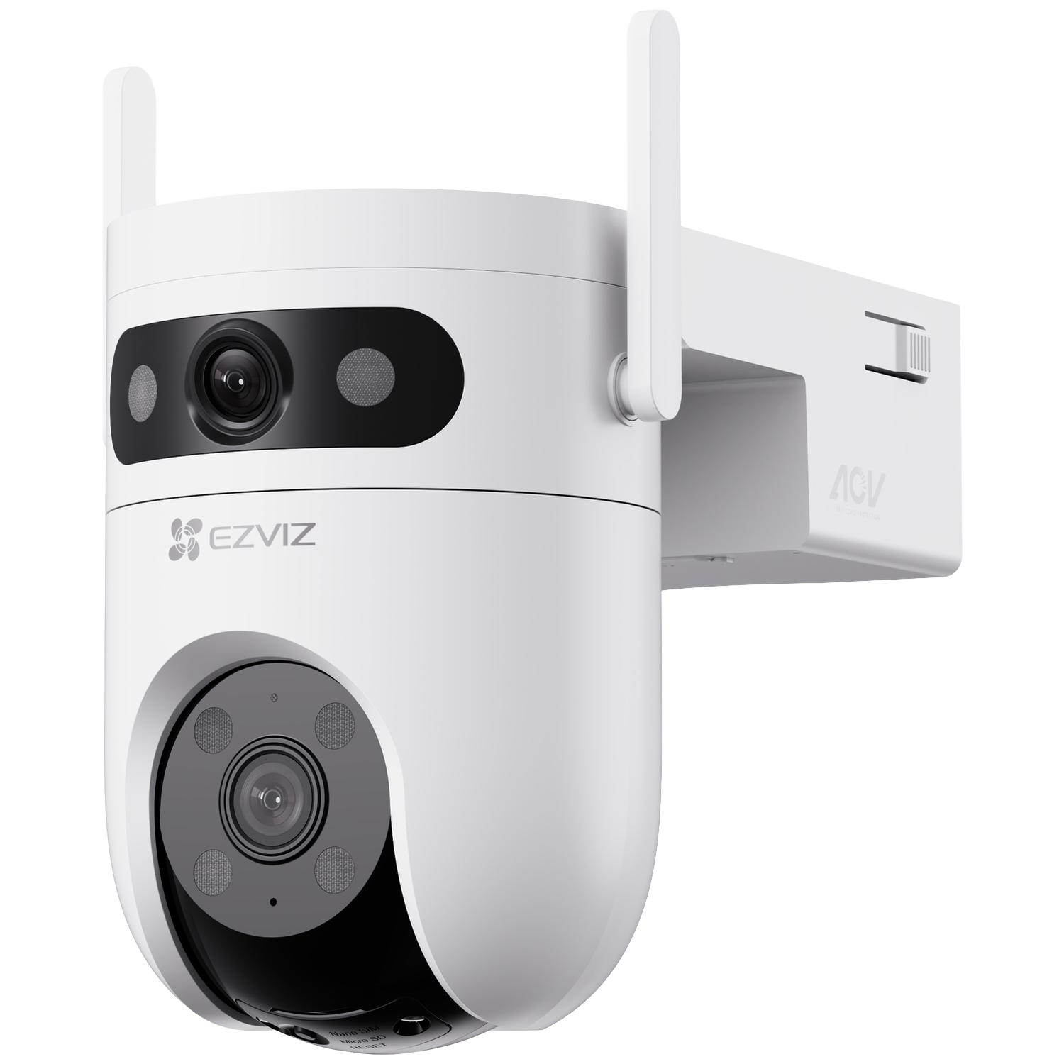 White Ezviz security camera with two antennas and two lenses against a white background.