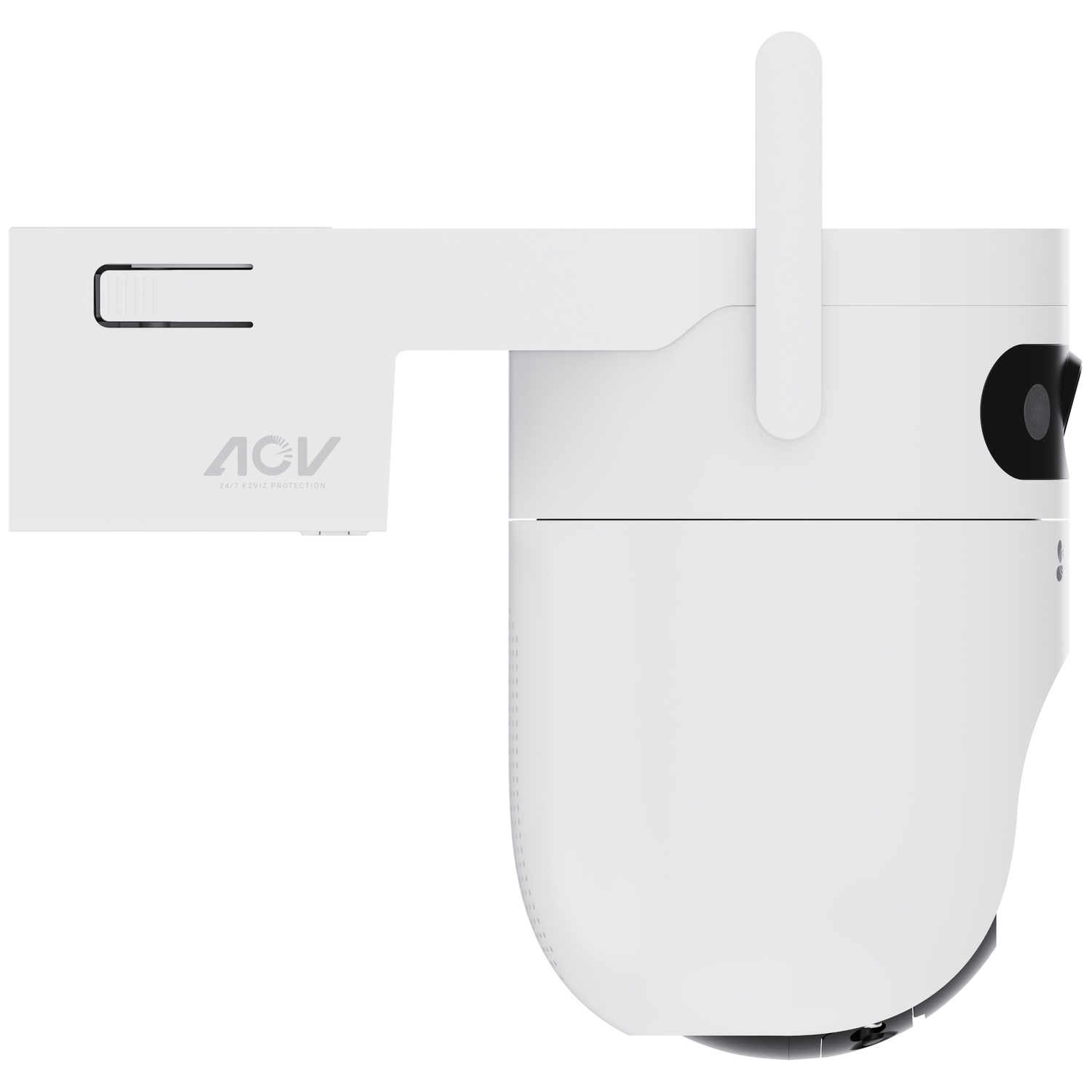 White security camera with black lens module, antenna, and extension arm on a light background.