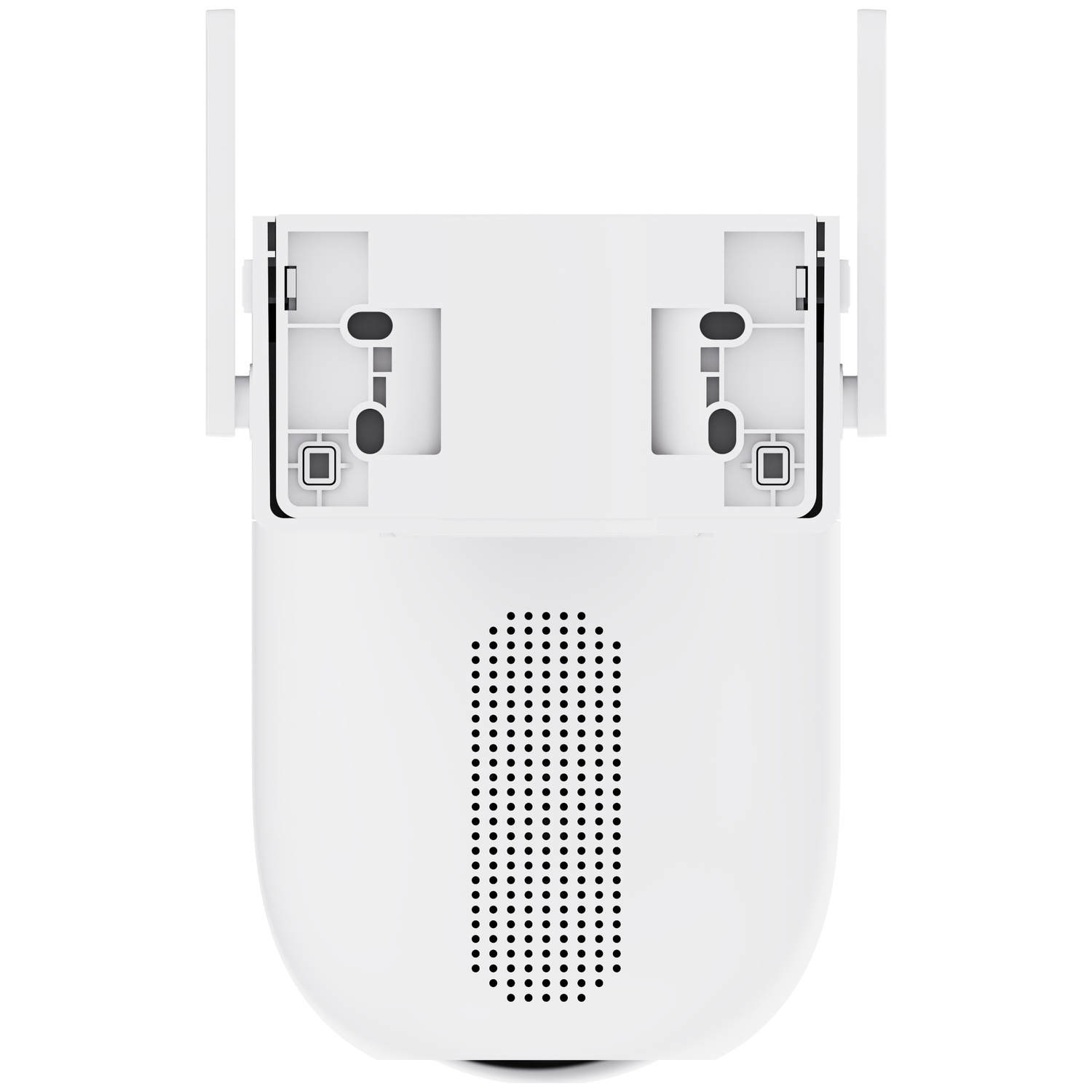 Back of a white security camera featuring two antennas and a vertical speaker grille.