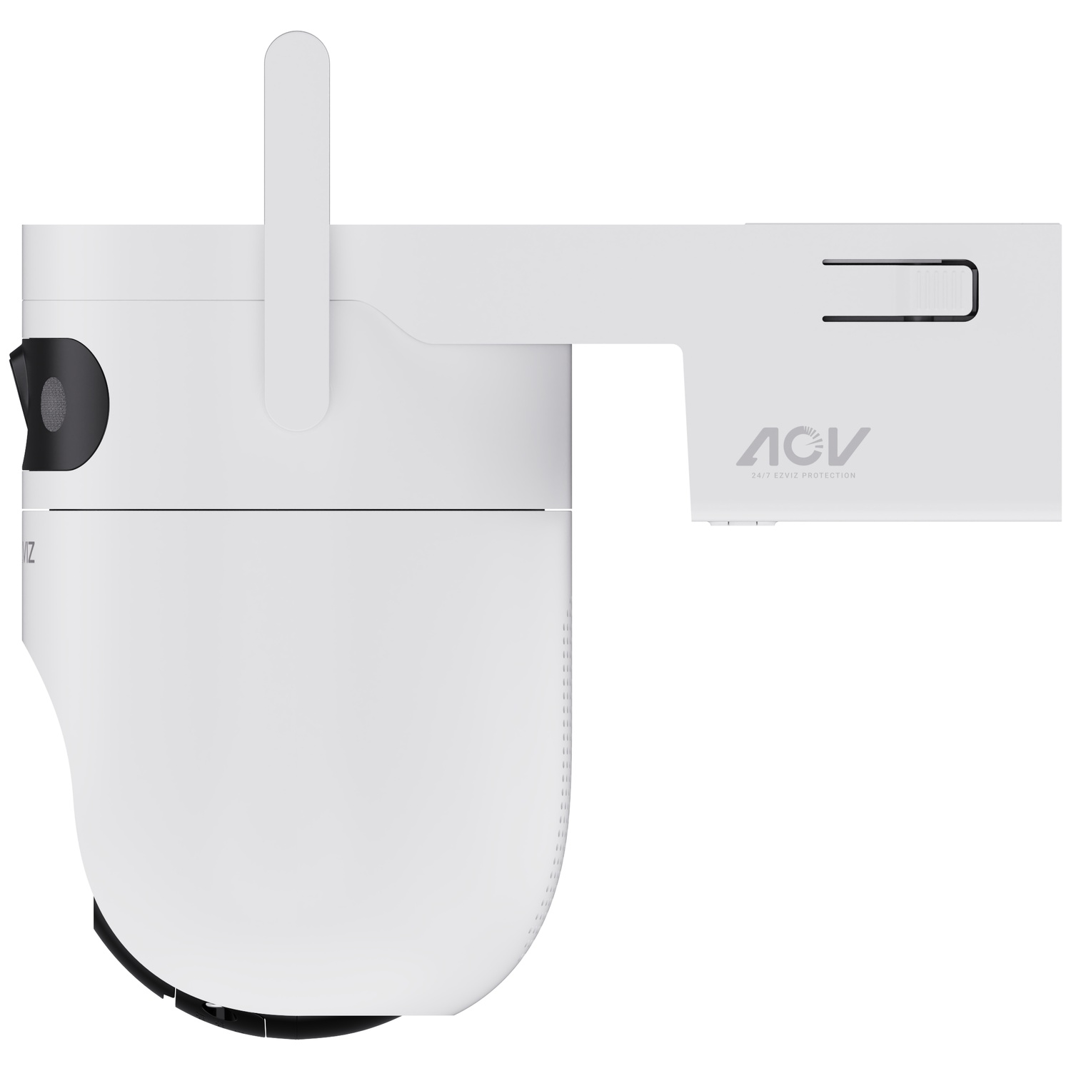 A white security camera with a mount arm and antenna against a white background.