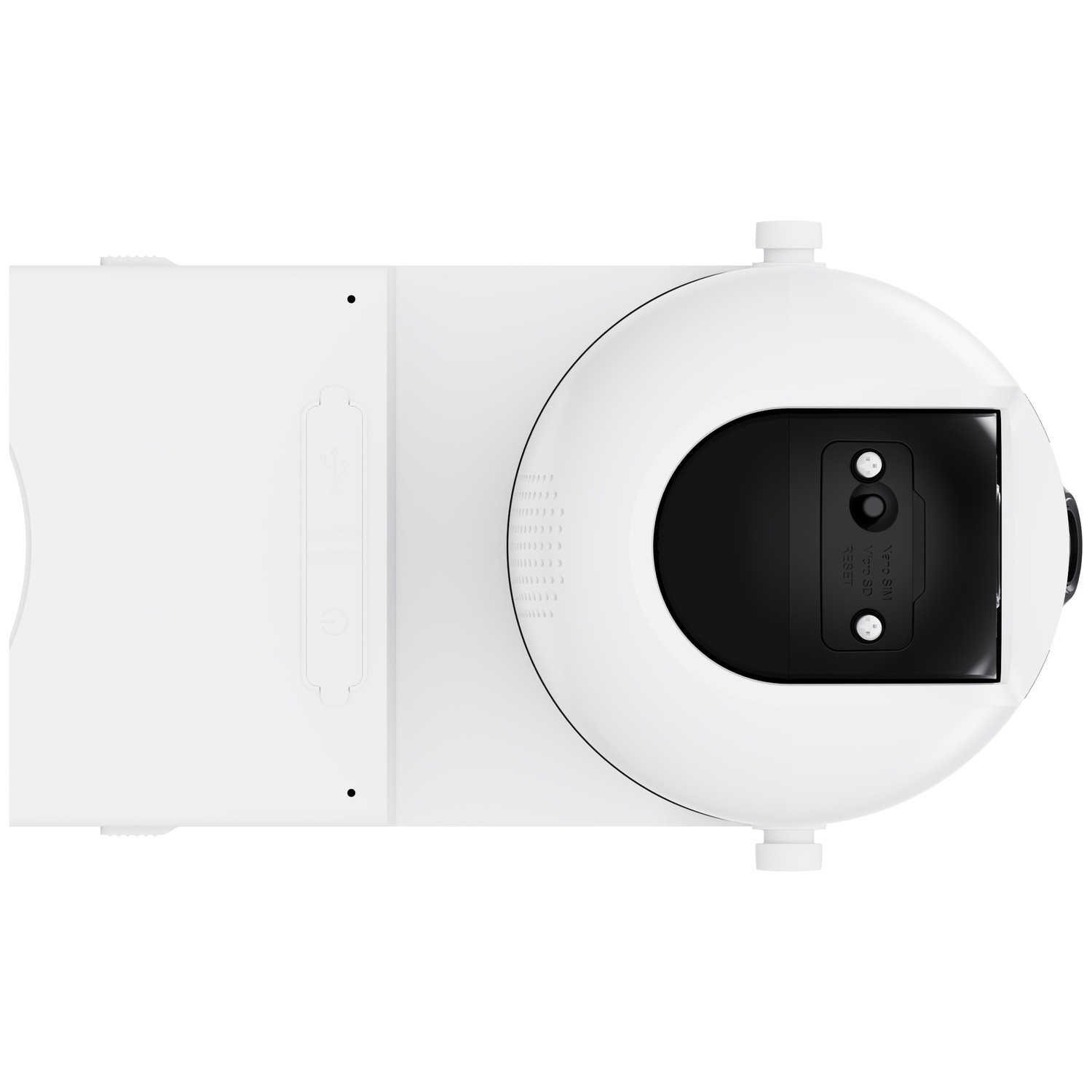 Top view of a white security camera with a black panel and card slot.