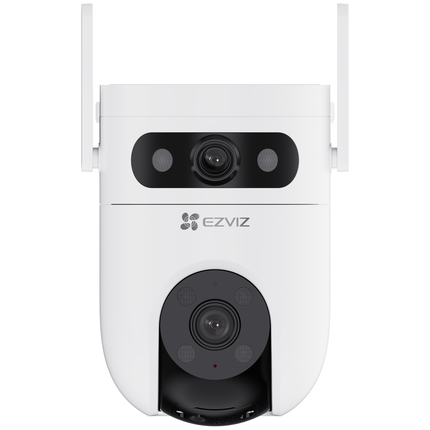White EZVIZ security camera with dual antennas and two lenses against a white background.