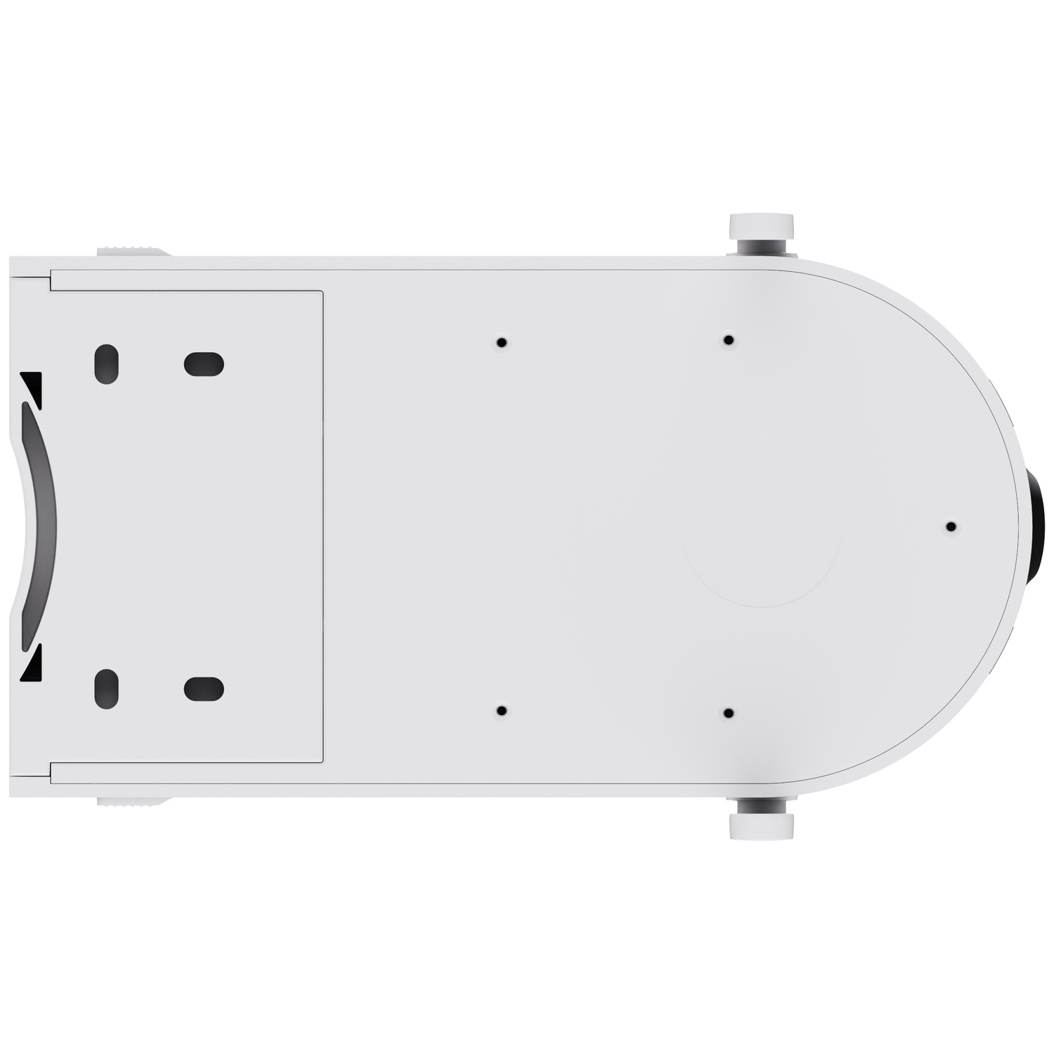 Top view of a white projector with a rounded front and mounting holes.