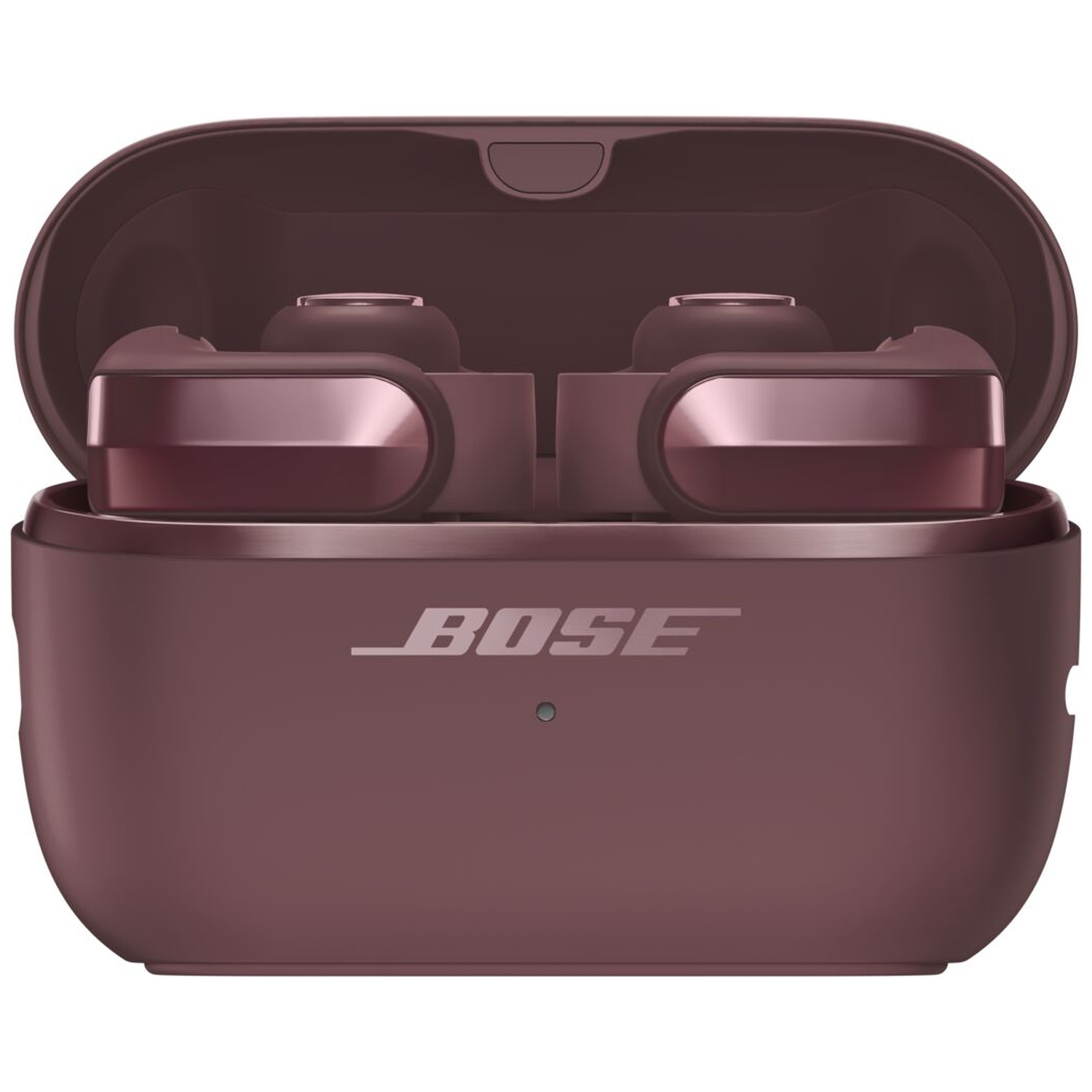 Bose draadloze oordopjes in open oplaadcase, vooraanzicht.