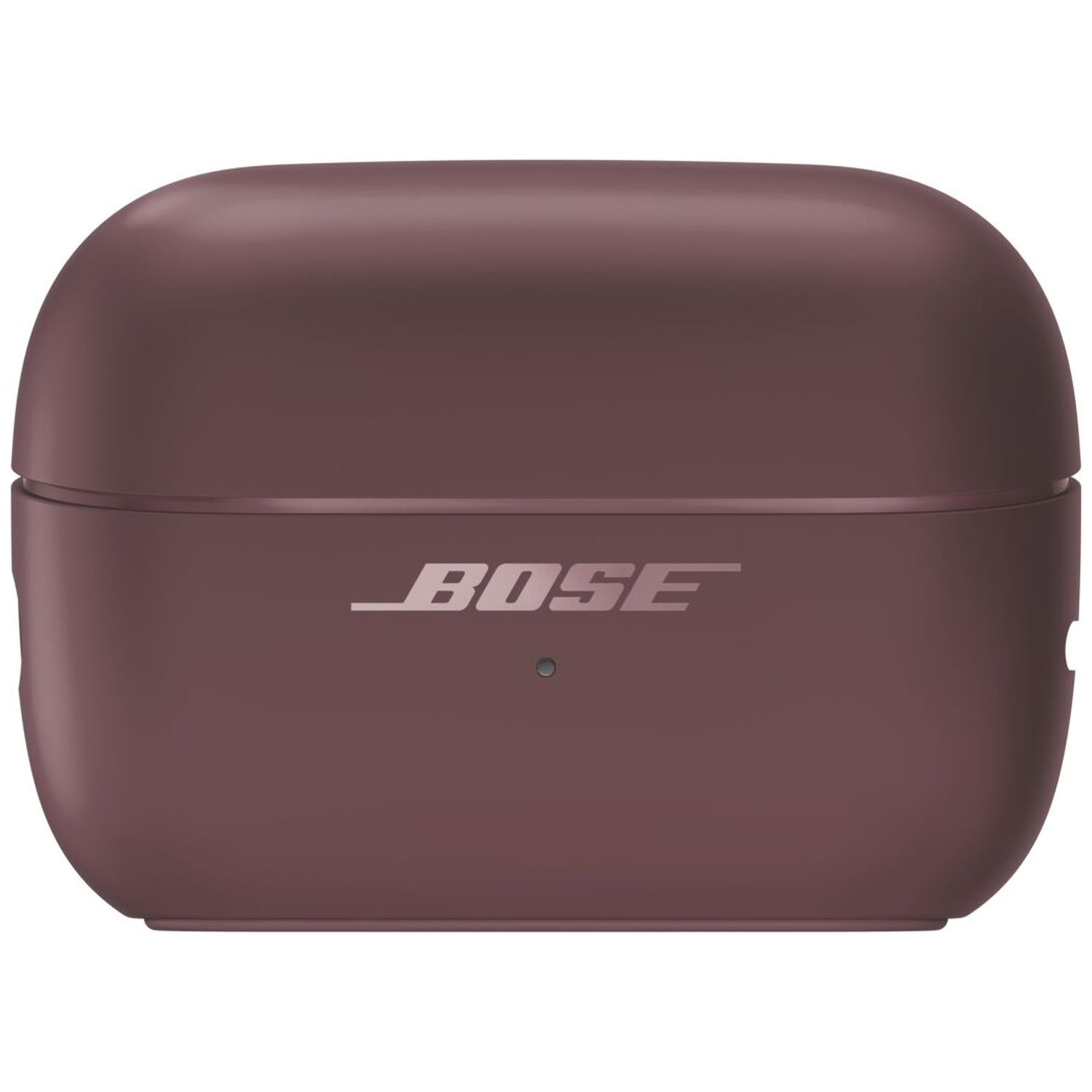 Een gesloten, donkerpaarse Bose-oplaadcase met zilverkleurig logo en een klein statuslampje.
