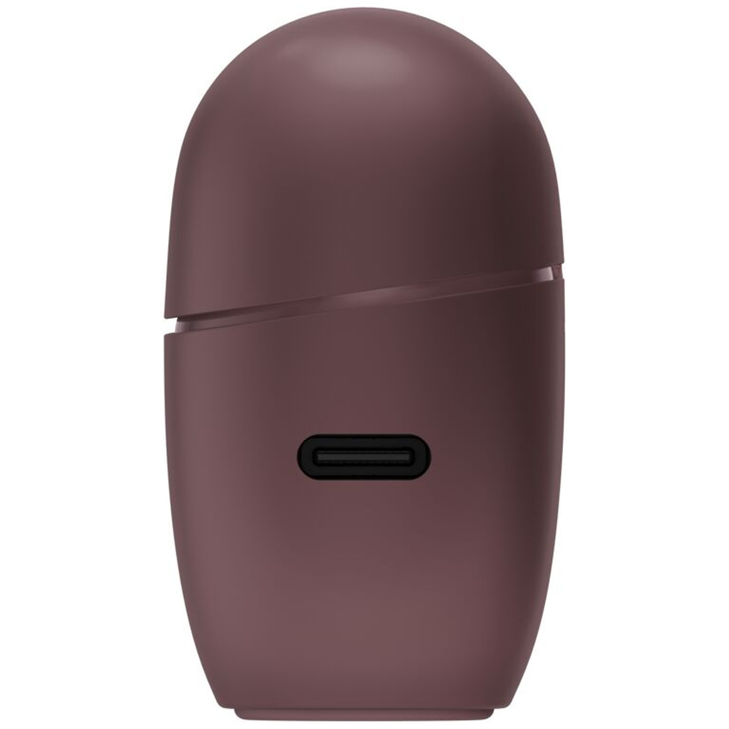 Een matte, donkerrode oplaadcase met een afronde vorm en een USB-C-poort aan de voorkant.