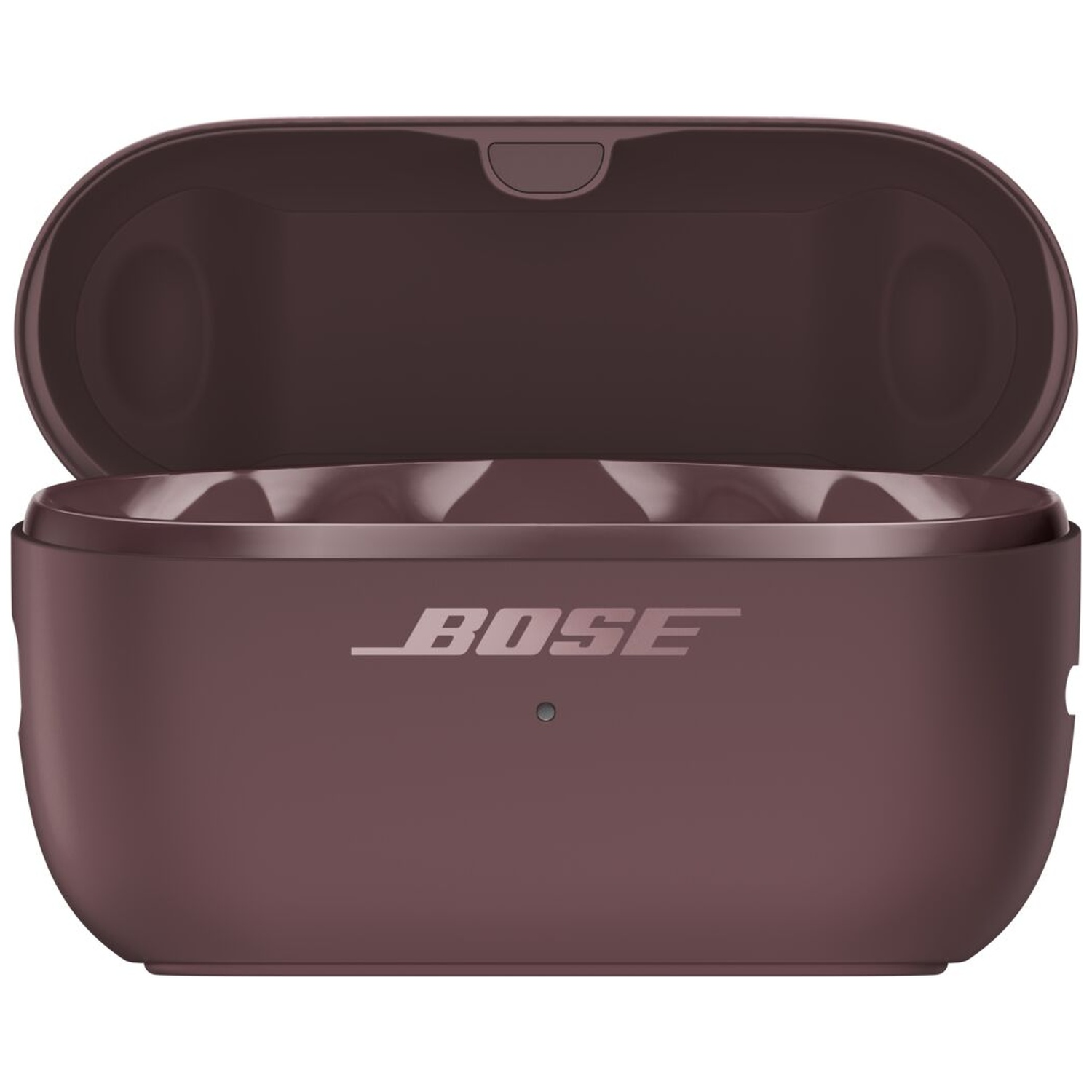 Een open, donkerpaarse Bose draadloze oordopjes oplaadcase tegen een witte achtergrond.