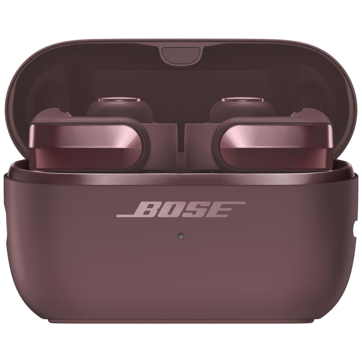 Paarse Bose-oordopjes in een open oplaadcassette tegen een witte achtergrond.