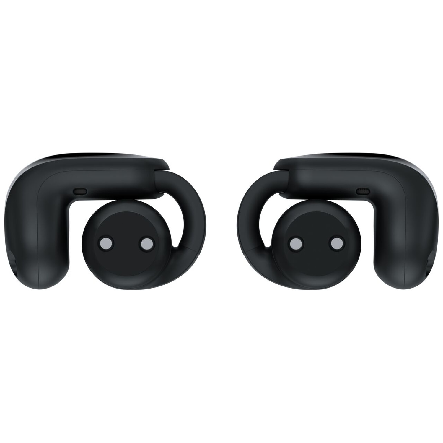 Twee zwarte open-ear koptelefoons met een afrond design en geïntegreerde oorhaken op een witte achtergrond.