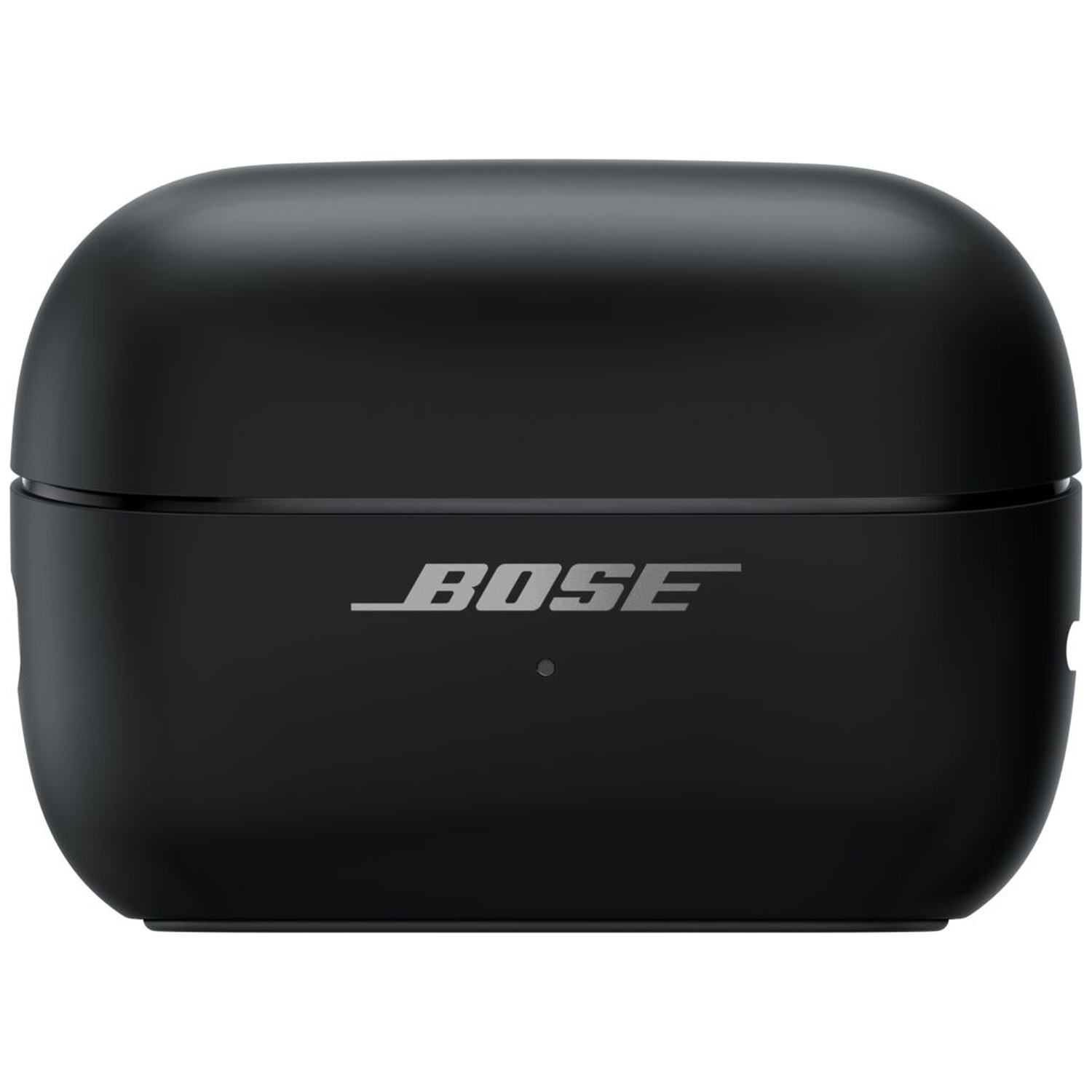 Een zwarte Bose oplaadcase voor draadloze oordopjes met zilveren logo en status-led op witte achtergrond.