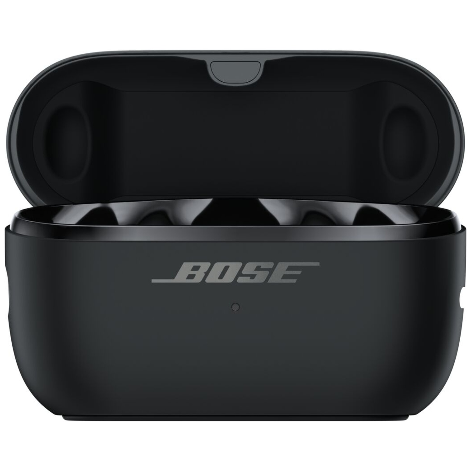Een open zwarte Bose-oplaadcase op een witte achtergrond met zichtbaar logo.