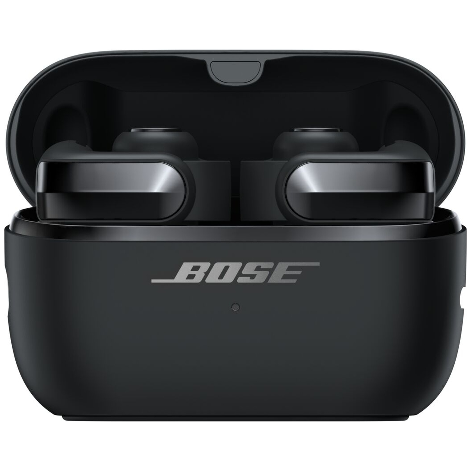 Zwarte Bose-oordopjes in open oplaadcase met zilveren logo.