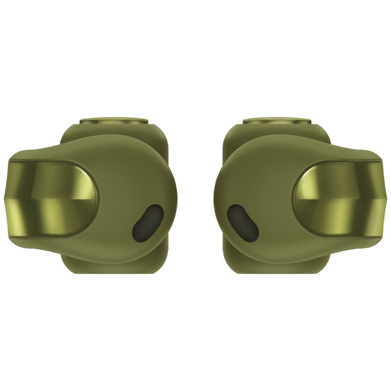Twee groene draadloze oordopjes met glanzende metalen accenten op een lichte achtergrond.
