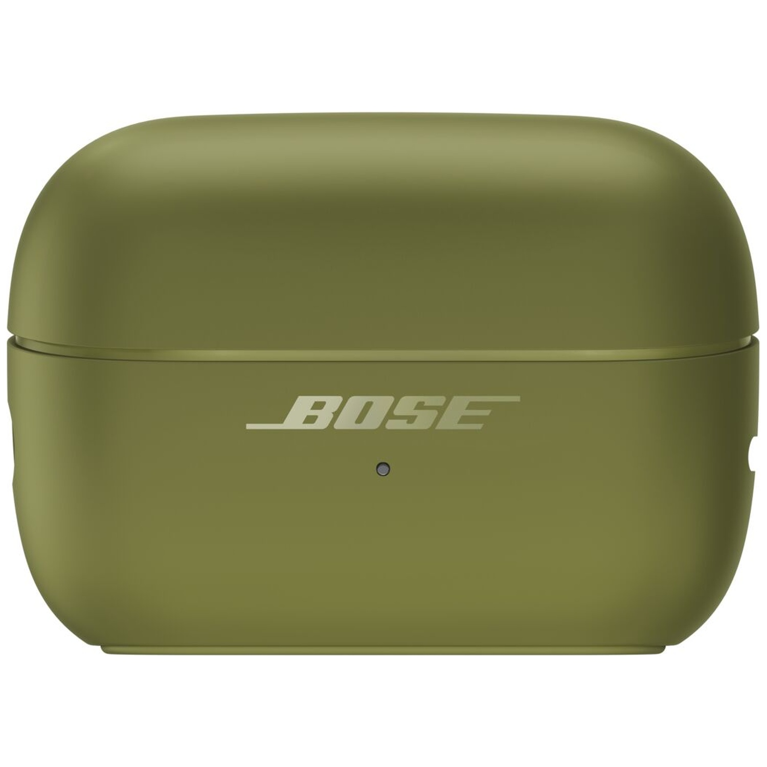 Een gesloten, olijfgroene Bose oordopjescase met een gecentreerd merklogo en een kleine led-indicator.