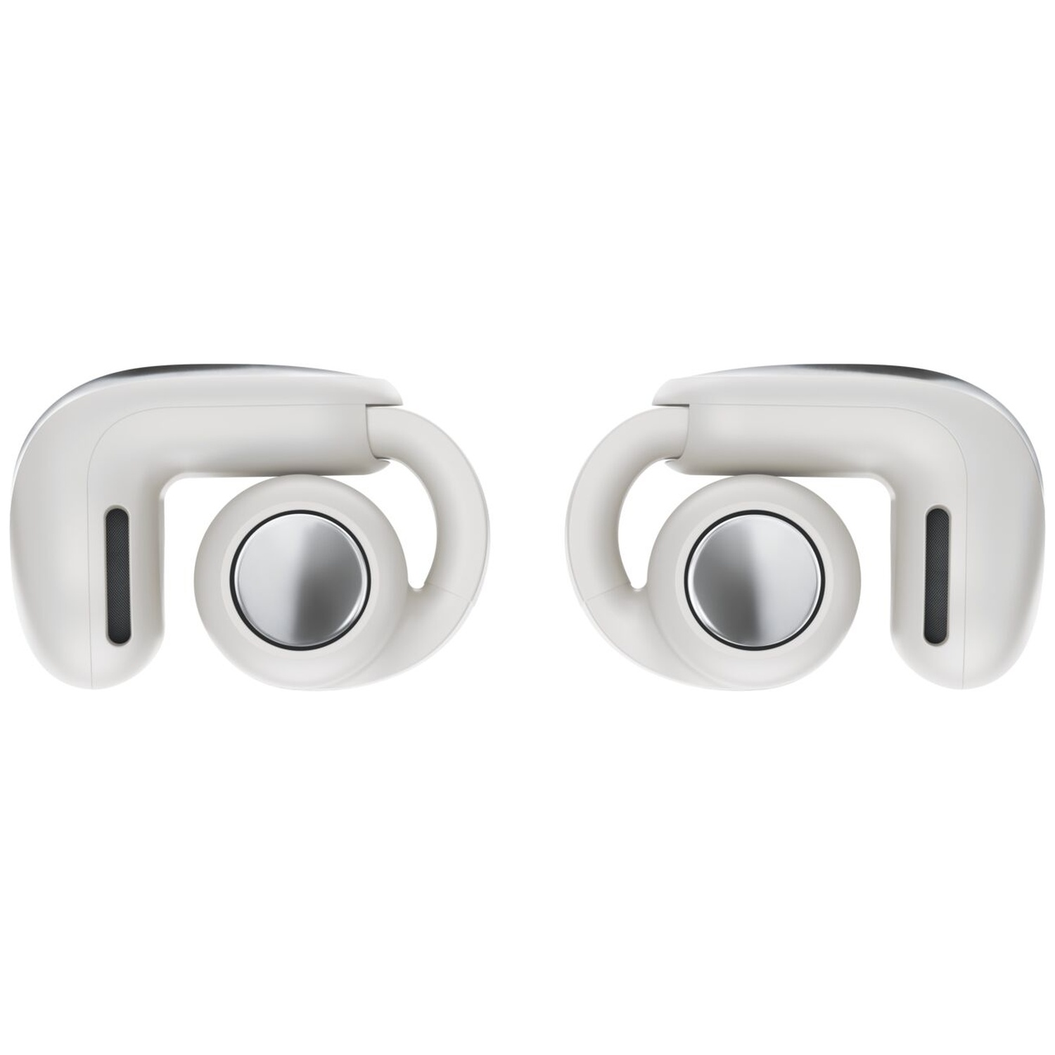 Twee witte open-ear hoofdtelefoons met zilveren accenten op een witte achtergrond.