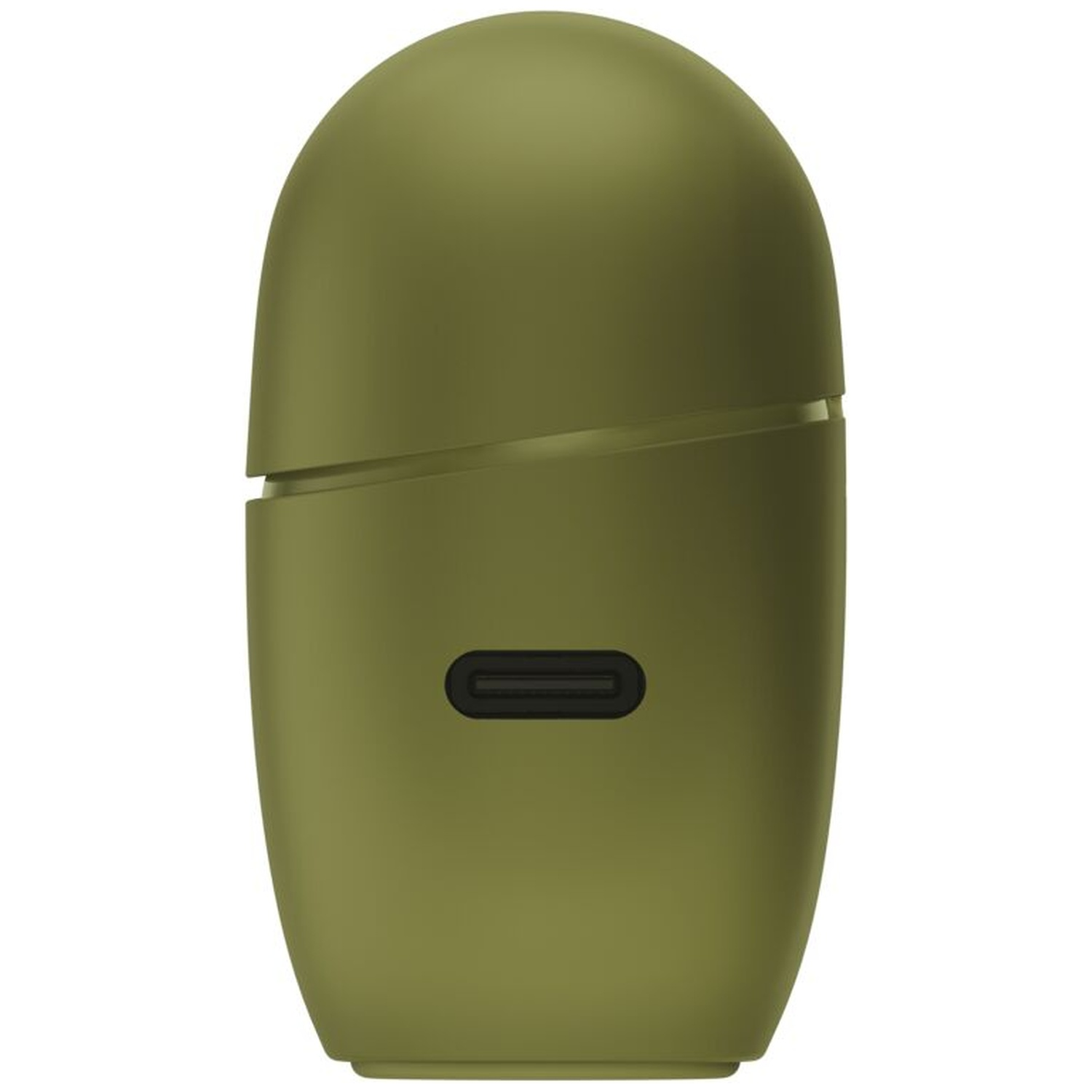 Een mat olijfgroene hoes met USB-C-poort tegen een witte achtergrond.