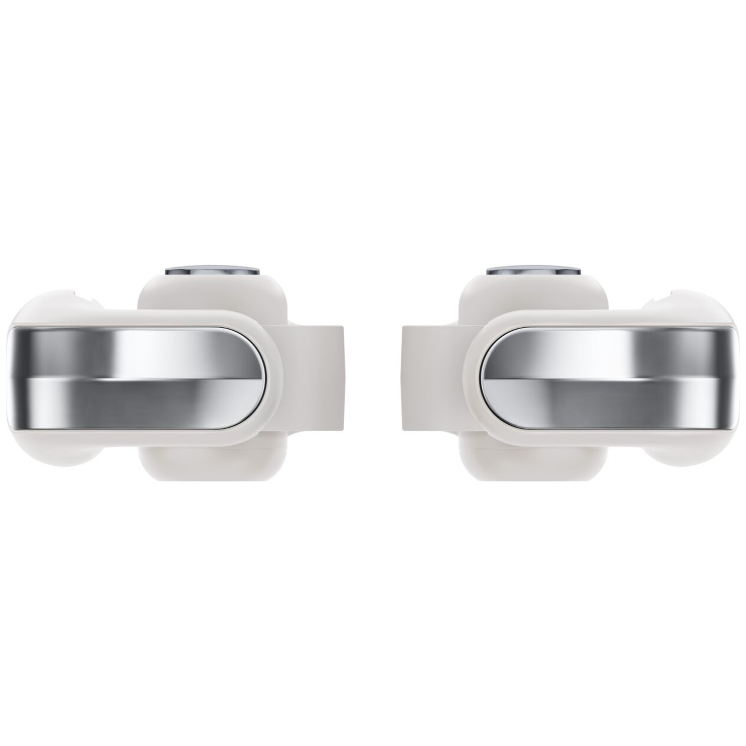 Twee witte draadloze oordopjes met zilveren metalen accenten op een witte achtergrond.