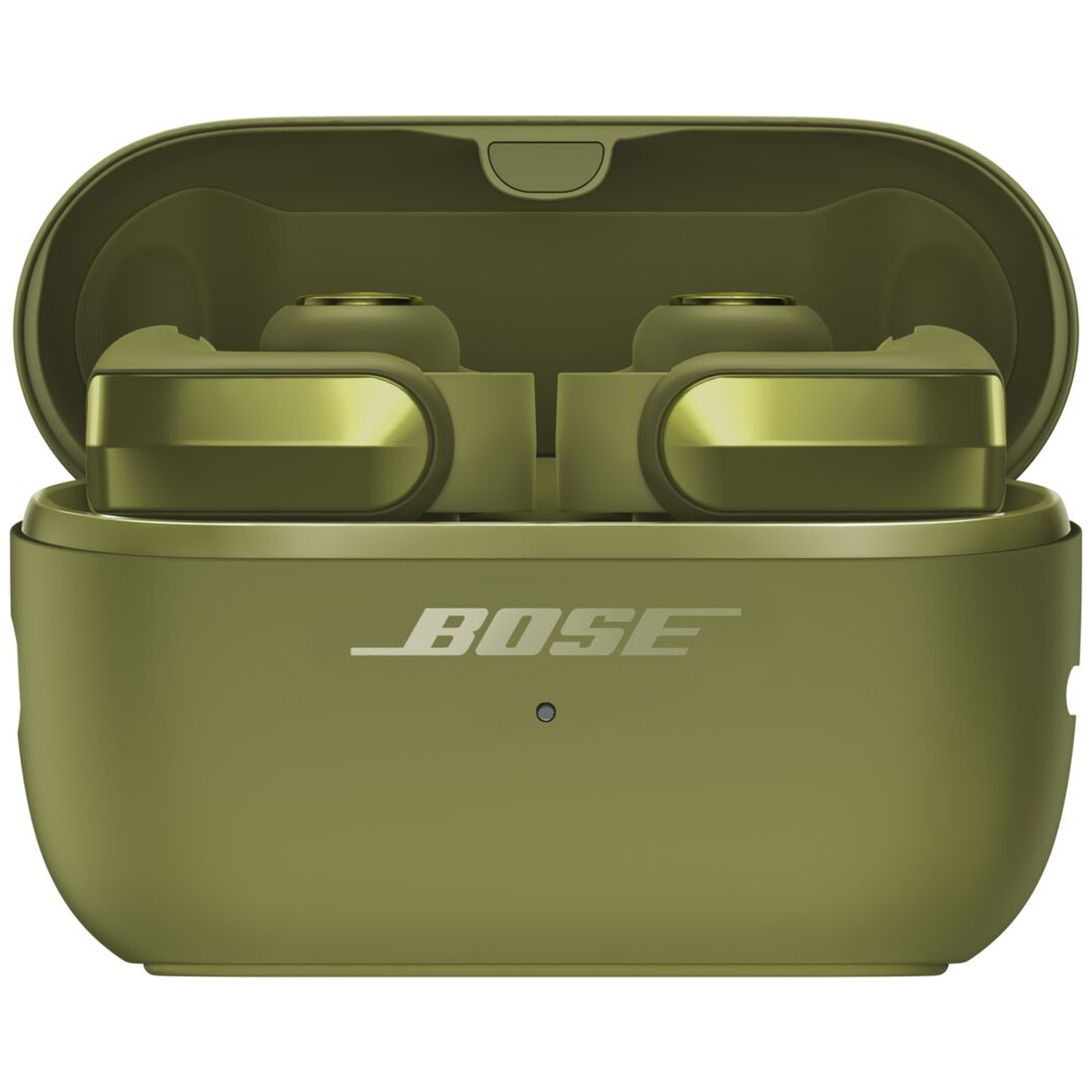 Olijfgroene Bose-oplaadcase met open deksel, met daarin twee draadloze oordopjes met gouden accents.