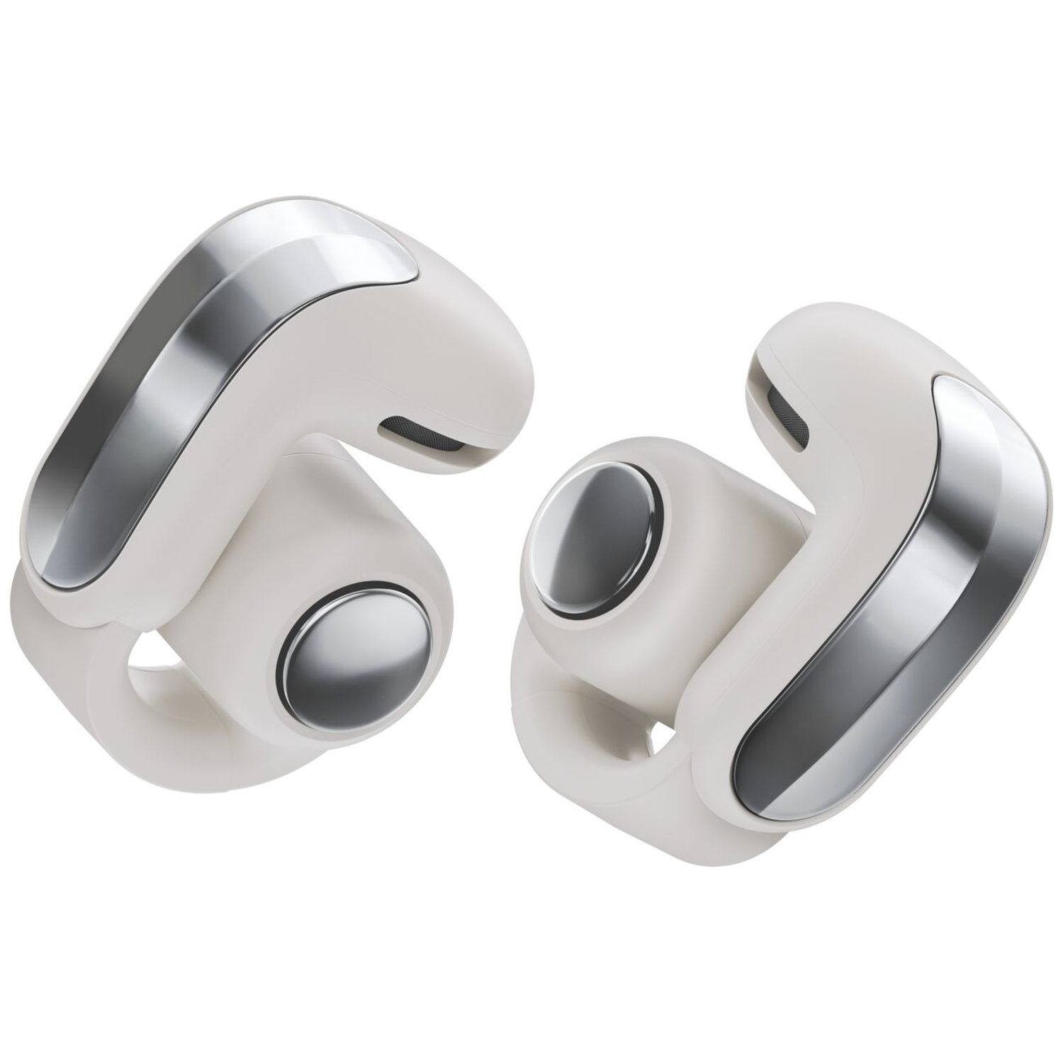Twee crèmekleurige open-ear draadloze oordopjes met zilveren accenten op een witte achtergrond.