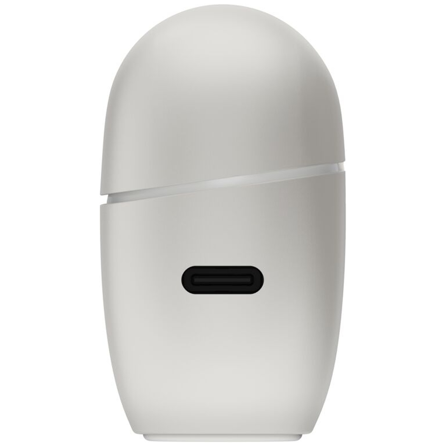 Een witte, eivormige oplaadcase met een USB-C-poort aan de voorkant tegen een lichte achtergrond.
