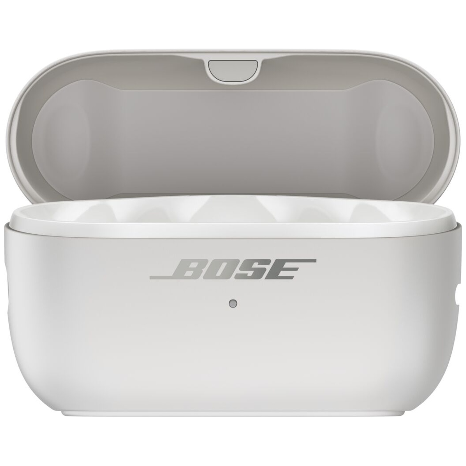 Open witte Bose oordopjes oplaadcase tegen een neutrale achtergrond.